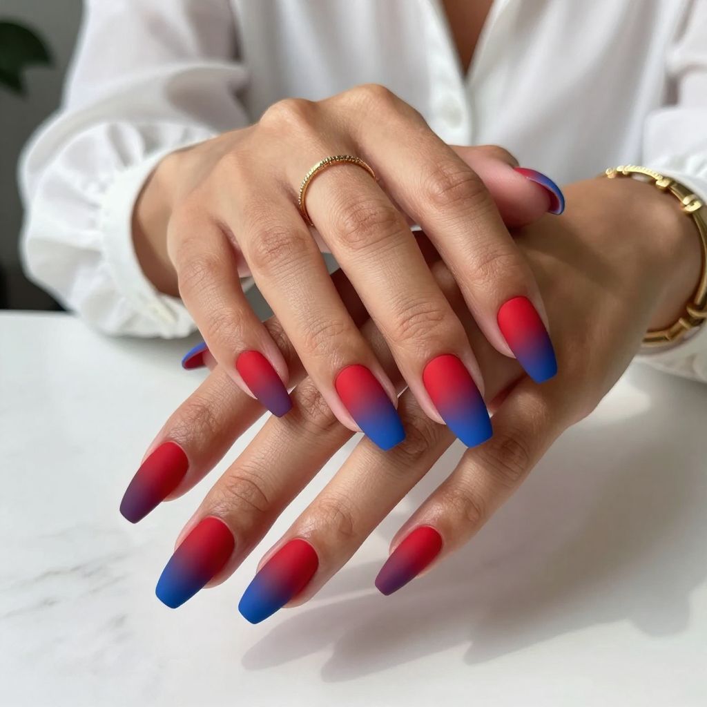 Red and Blue Gradient Matte Nails