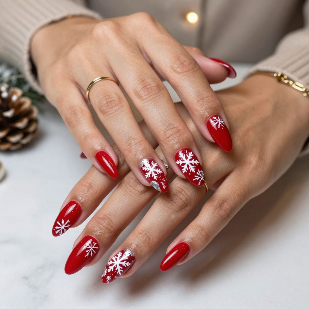 Bold Red Base with White and Silver Snowflakes