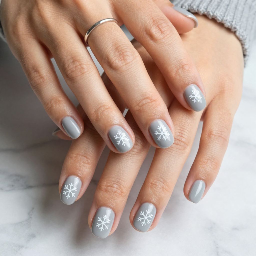 Light Grey Nails with White Minimalist Snowflakes