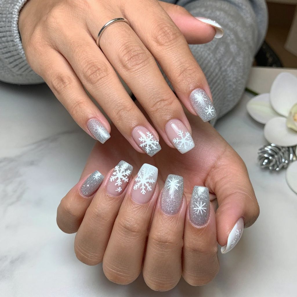 Glitter Ombre with White Snowflake Overlays