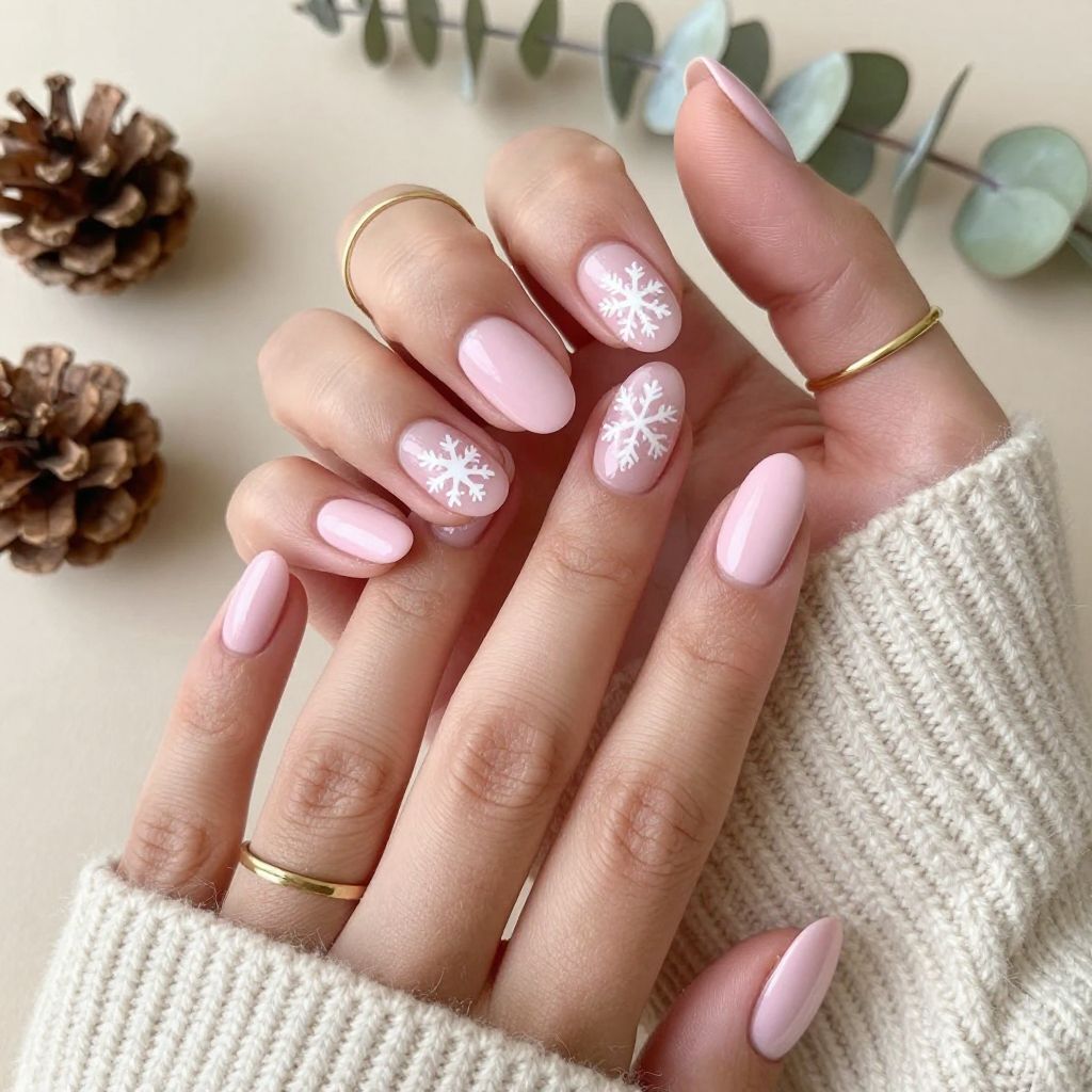 Soft Pink Base with White Snowflake Accent Nails