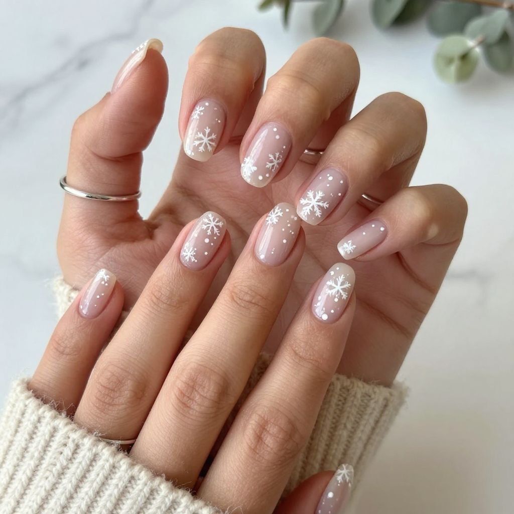 Clear Nails with Floating White Snowflakes