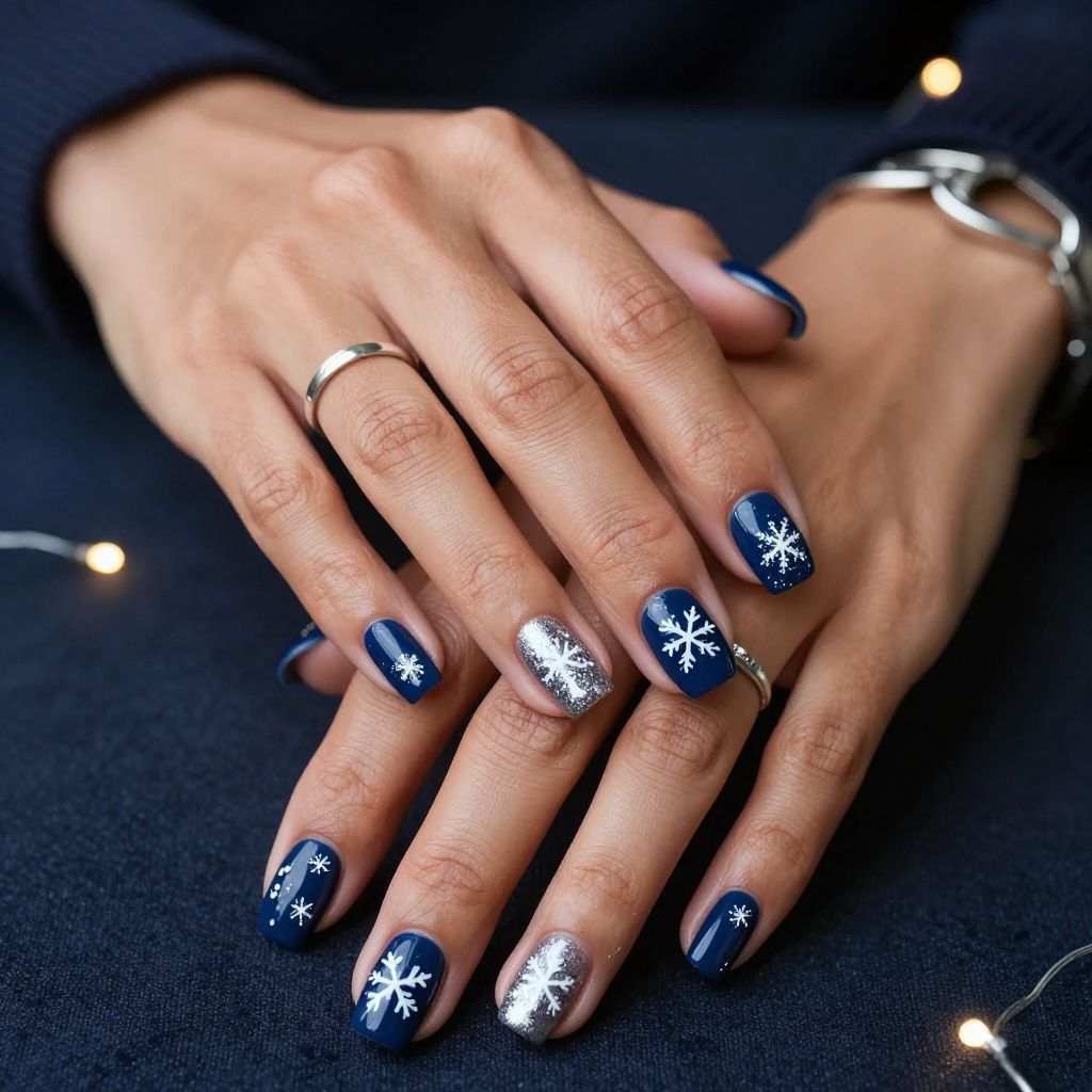 Midnight Blue with White Snowflakes and Glitter Tips