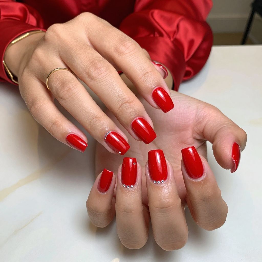 Glossy Red with Rhinestone Tips