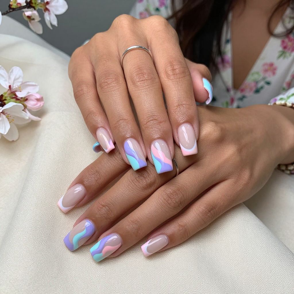 French Tips Reinvented with Pastel Waves