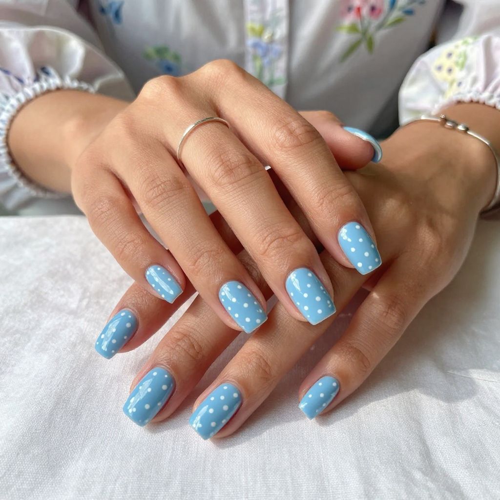 Baby Blue with White Polka Dots