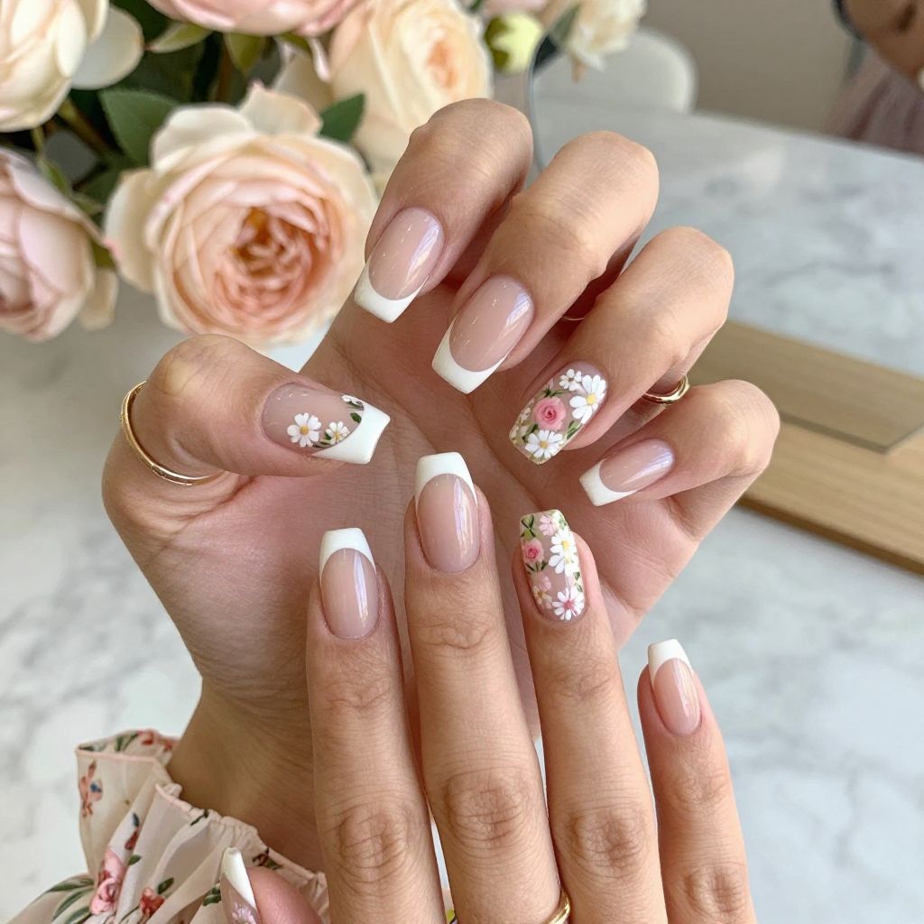 French Tips with Tiny Hand-Painted Flowers
