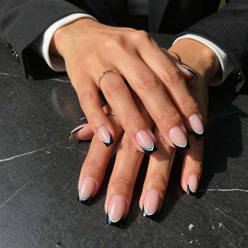 Black and White Geometric French Tips