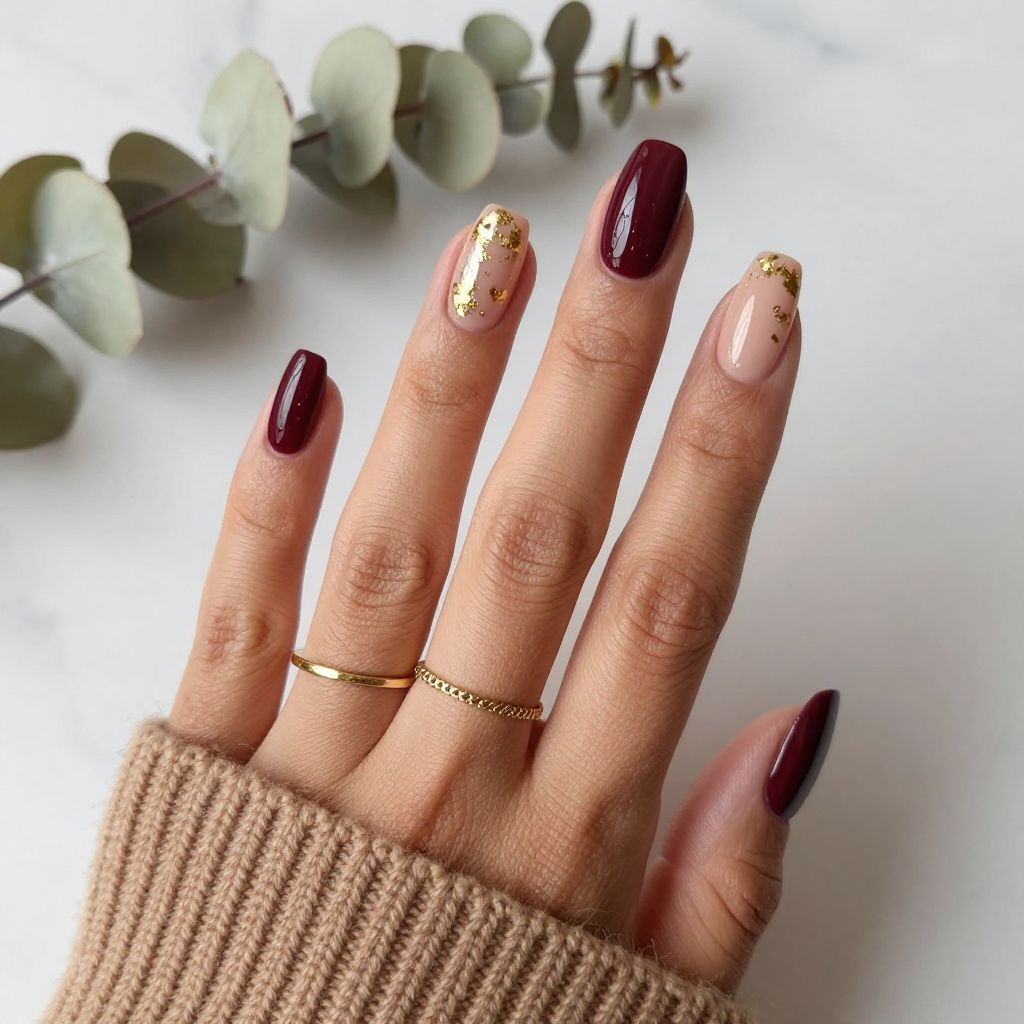 Deep Burgundy Tips with Gold Foil