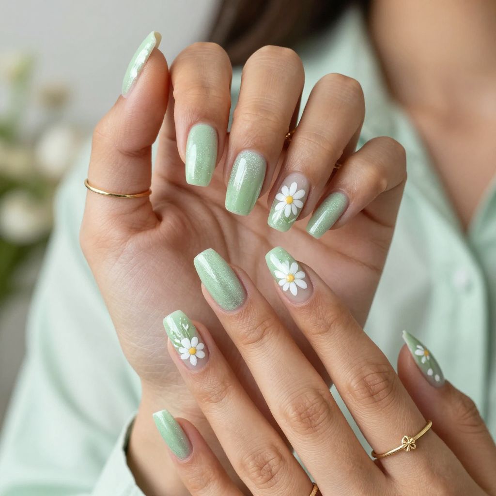 Glittery Pale Green Coffin Nails with White Daisies