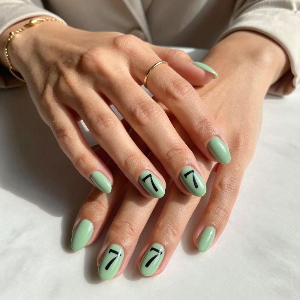Pastel Green Nails with Lucky Number 7 Accents