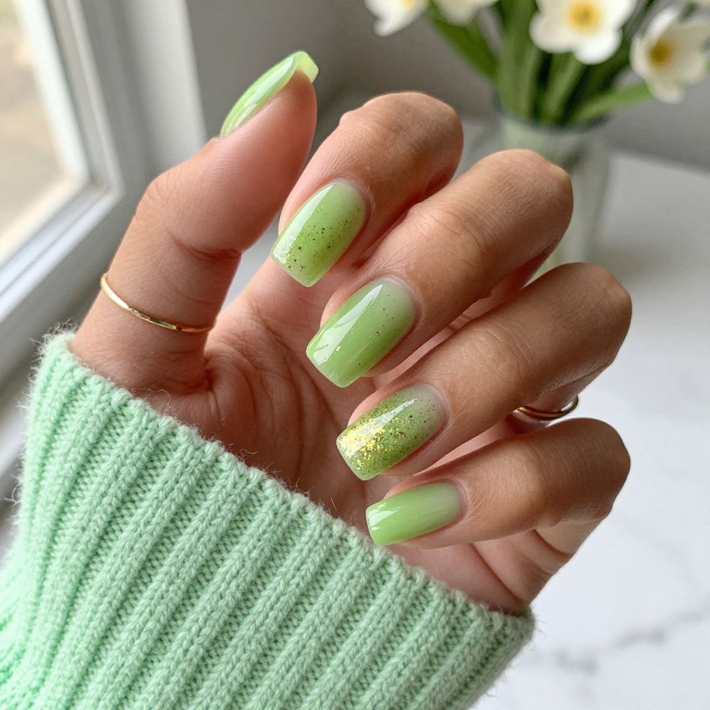 Lime Green Jelly Nails with Floating Gold Glitter