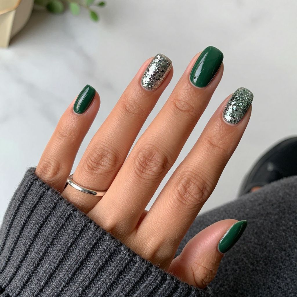 Glossy Dark Green with Neglected Glitter Tips