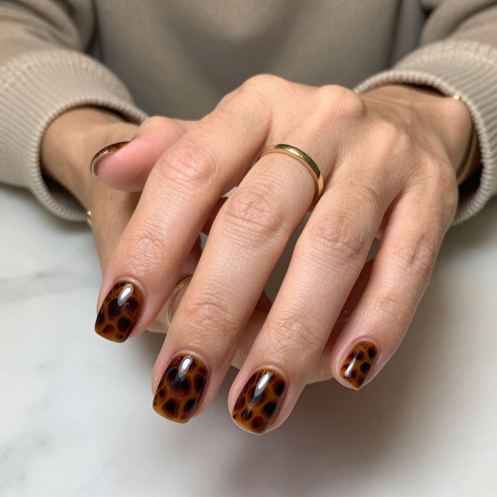 Deep Brown Tortoise On Short Nails