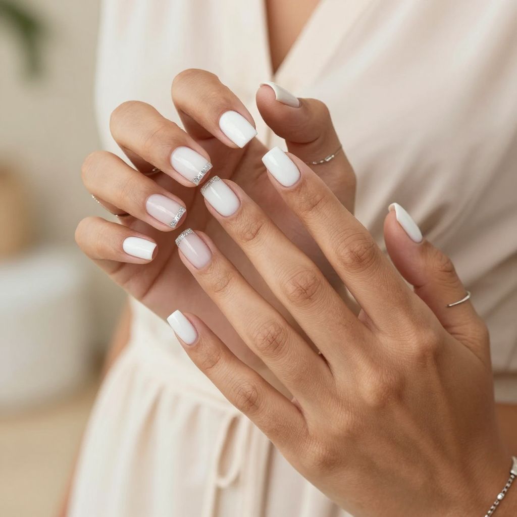 Minimalist White French With Glitter Tips