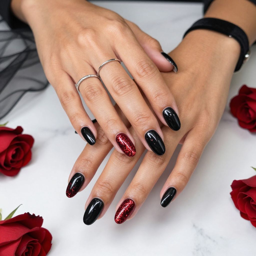 Gleaming Black With Red Glitter Tips