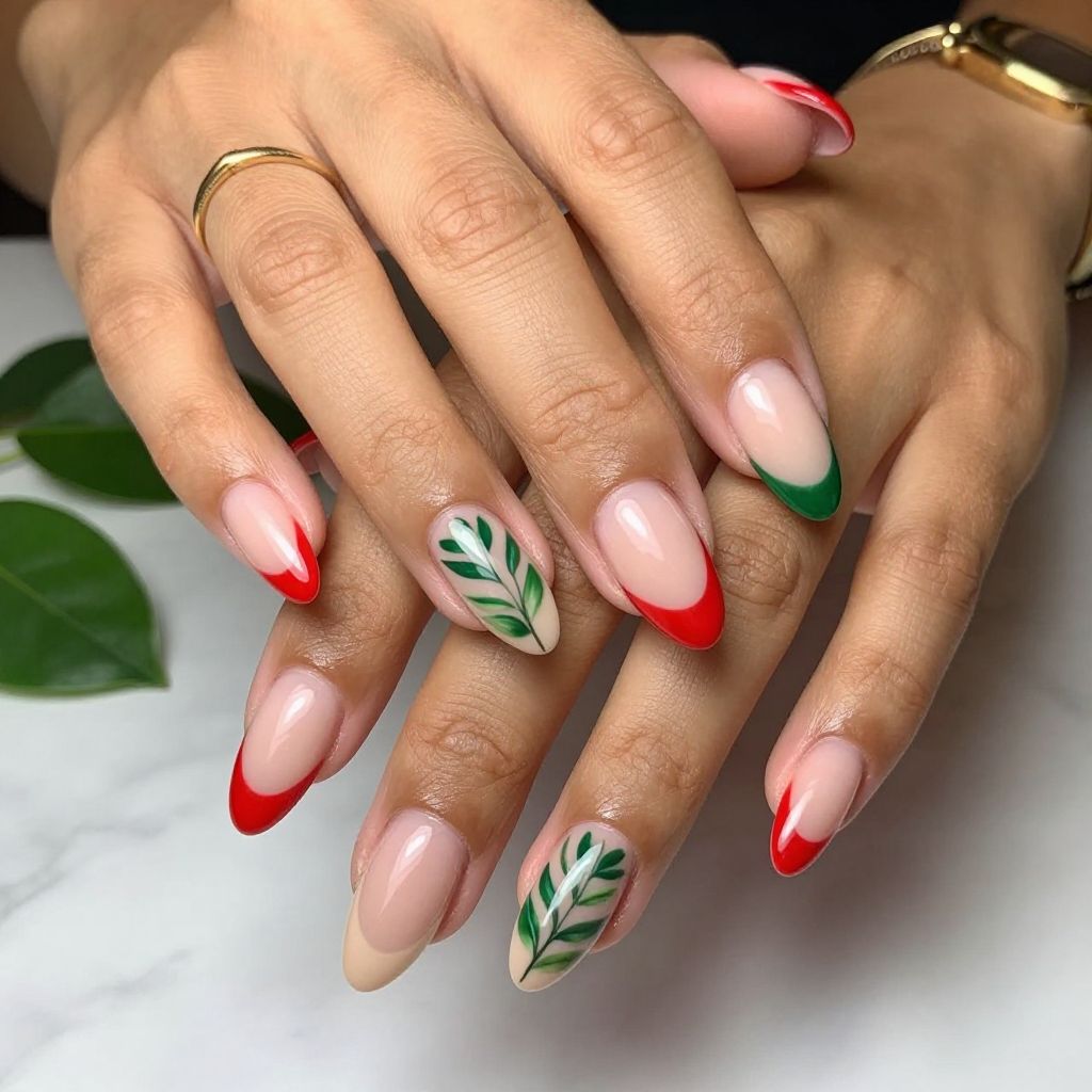 Watermelon French Tips With Leafy Accent