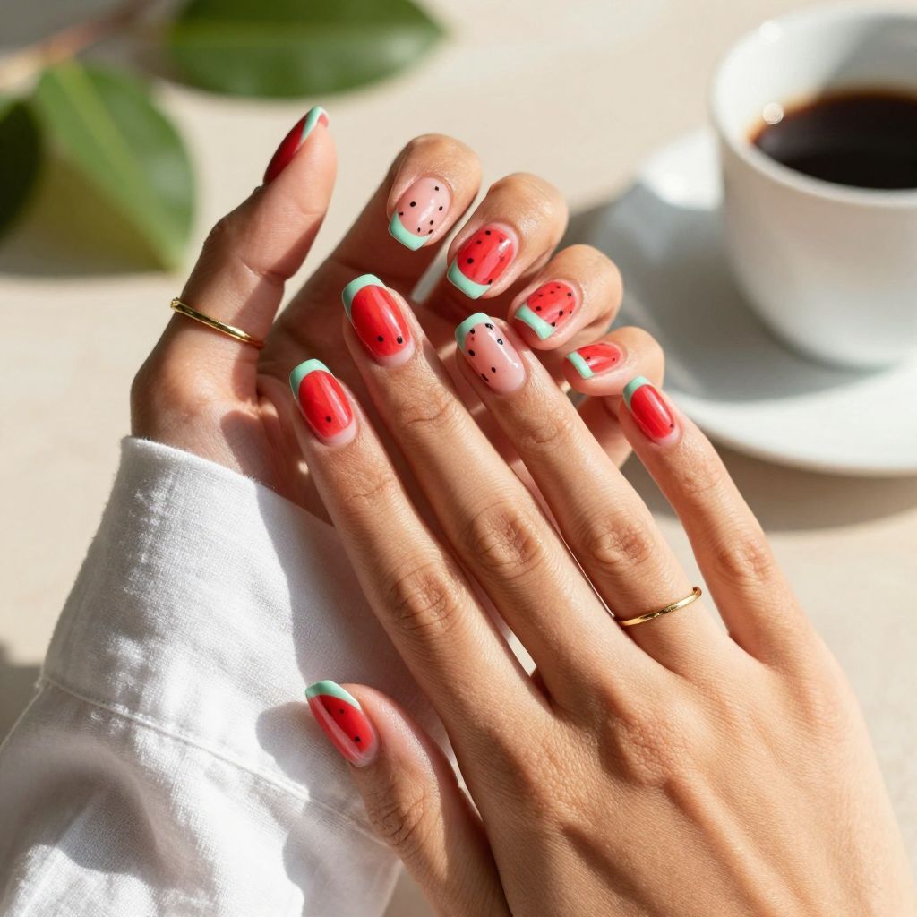 Glossy Watermelon Dots With Green Tips