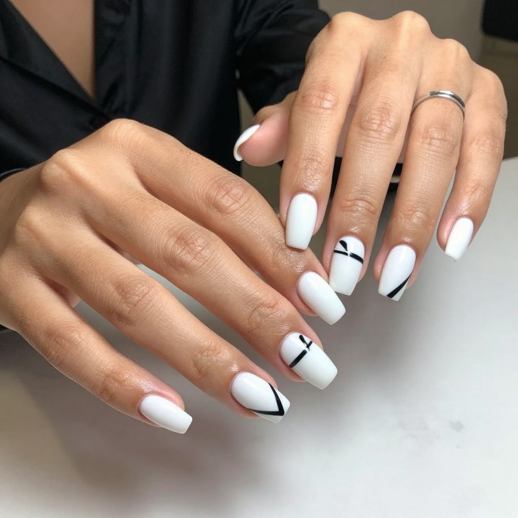 Geometric White Acrylic Nails with Black Striping Tape