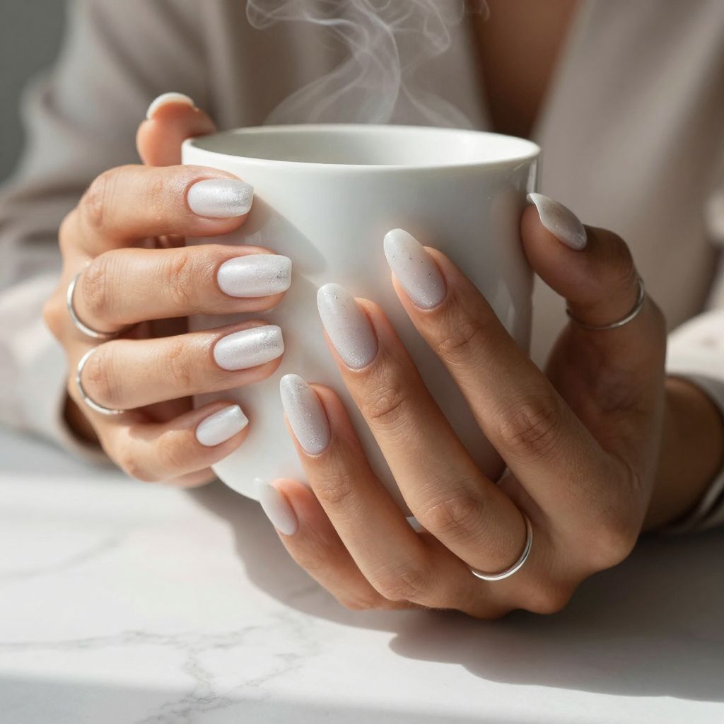 Soft Frosted White Acrylic Nails with Micro Glitter