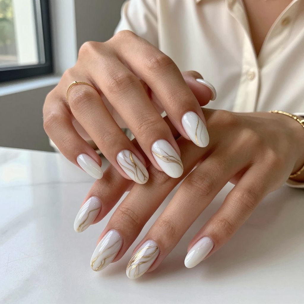 White and Champagne Marble Acrylic Nails