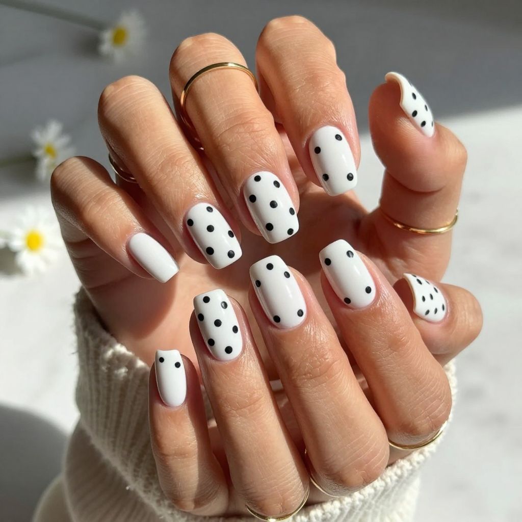 White Acrylics with Black Polka Dot Accents