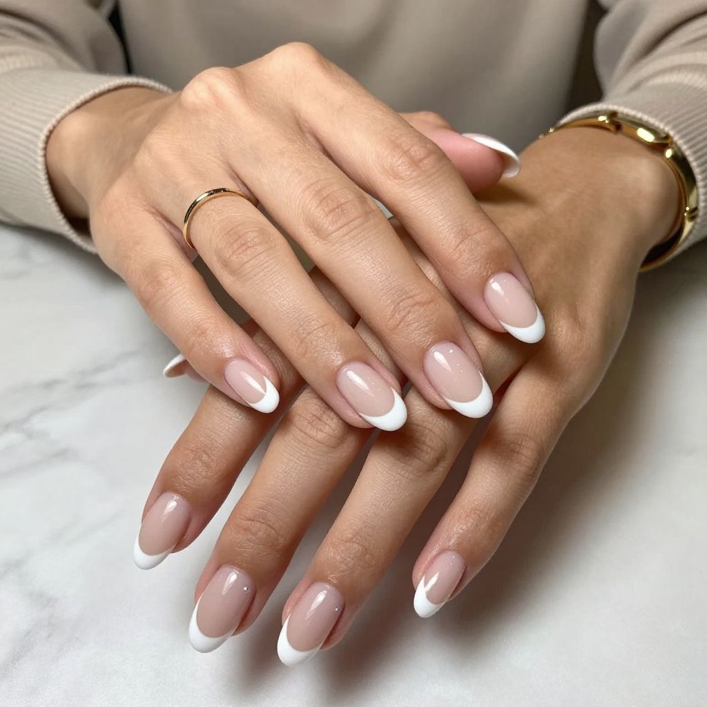 French Tip with White Acrylic and Nude Base