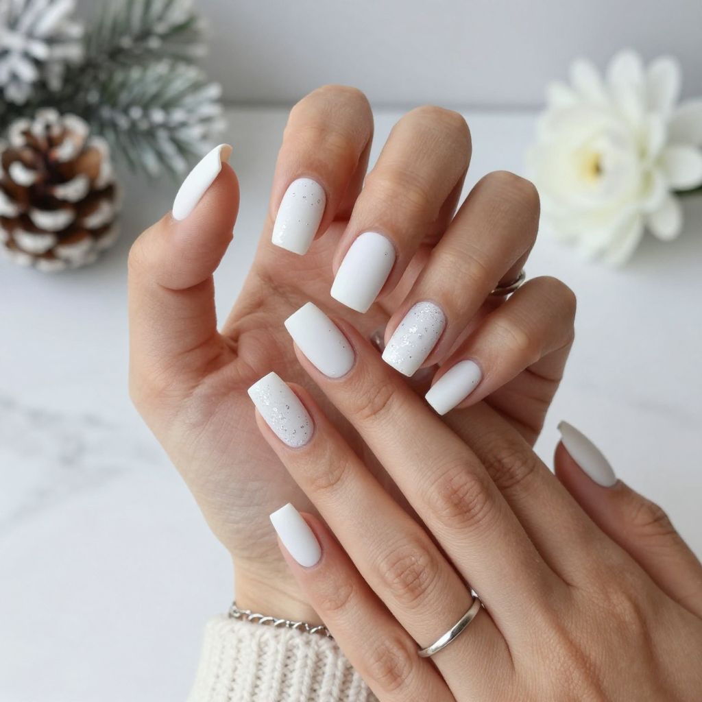 Matte Snow White Square Nails with Subtle Glitter