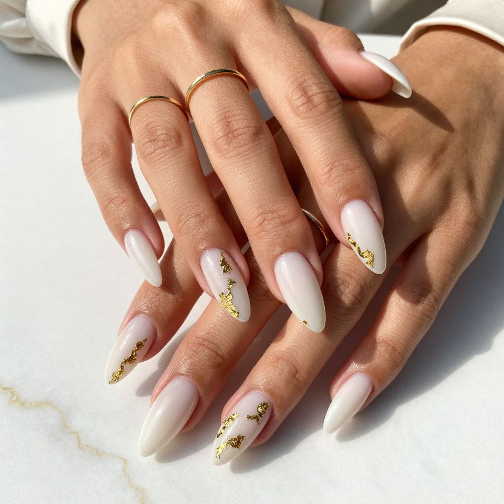 Milky White Stiletto Nails with Gold Foil Details