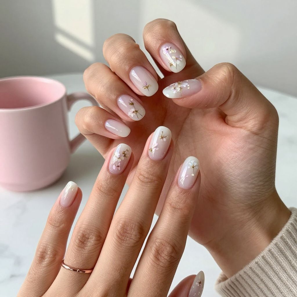 Transparent White Acrylic Nails with Embedded Flowers