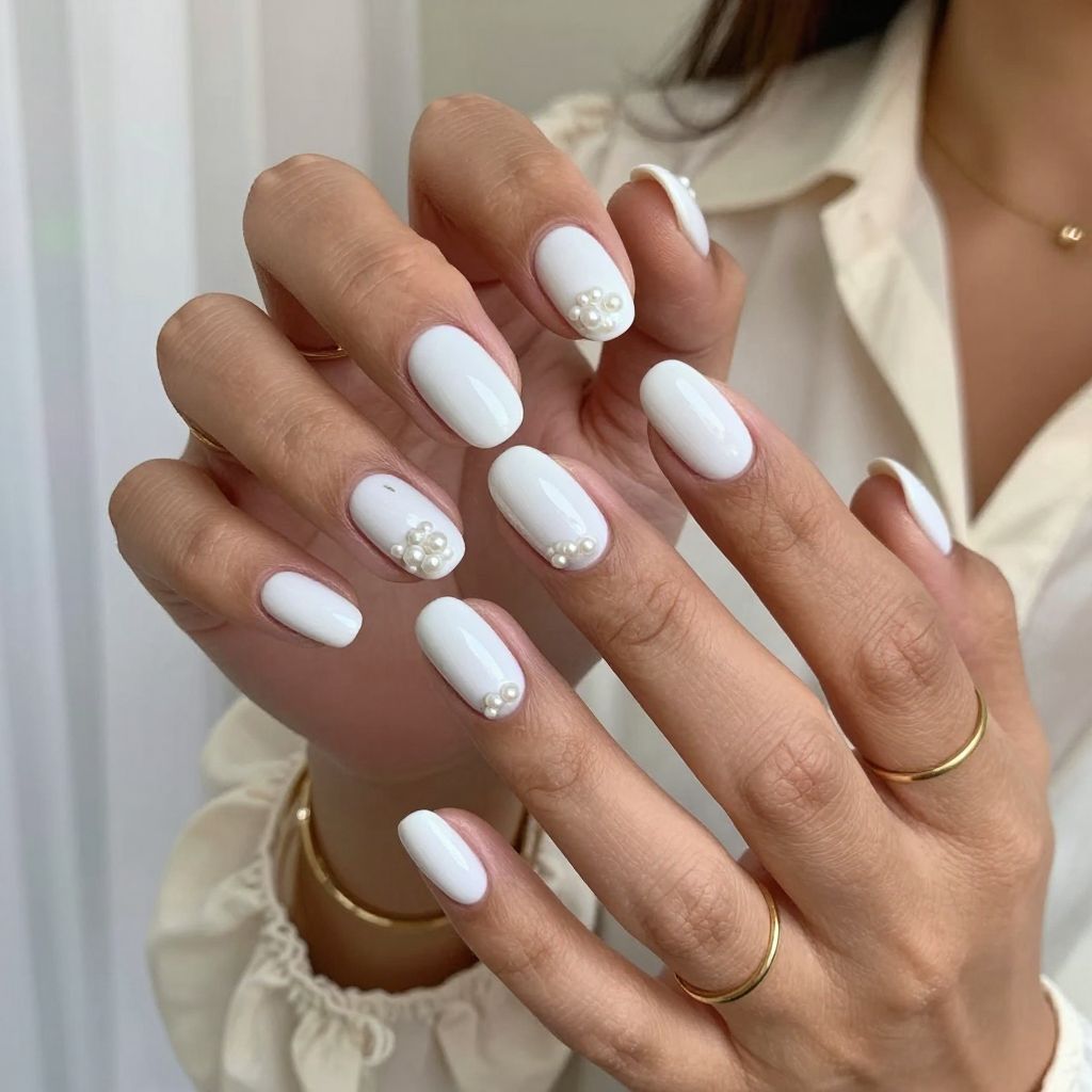 Soft White Oval Nails with Pearl Embellishments