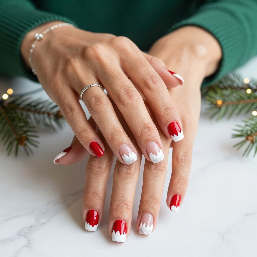White Snow-Capped Tips with Red Glitter Base