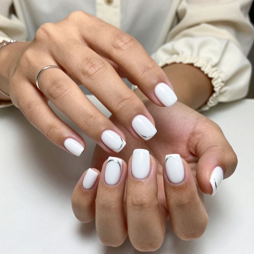White Nails with Minimalistic Silver Half-Moon French Design