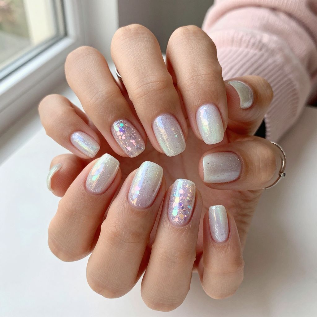 Shimmering White with Iridescent Flakes