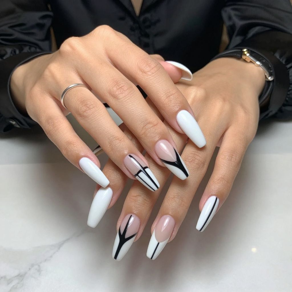 Glossy White Coffin Nails with Black Stripes