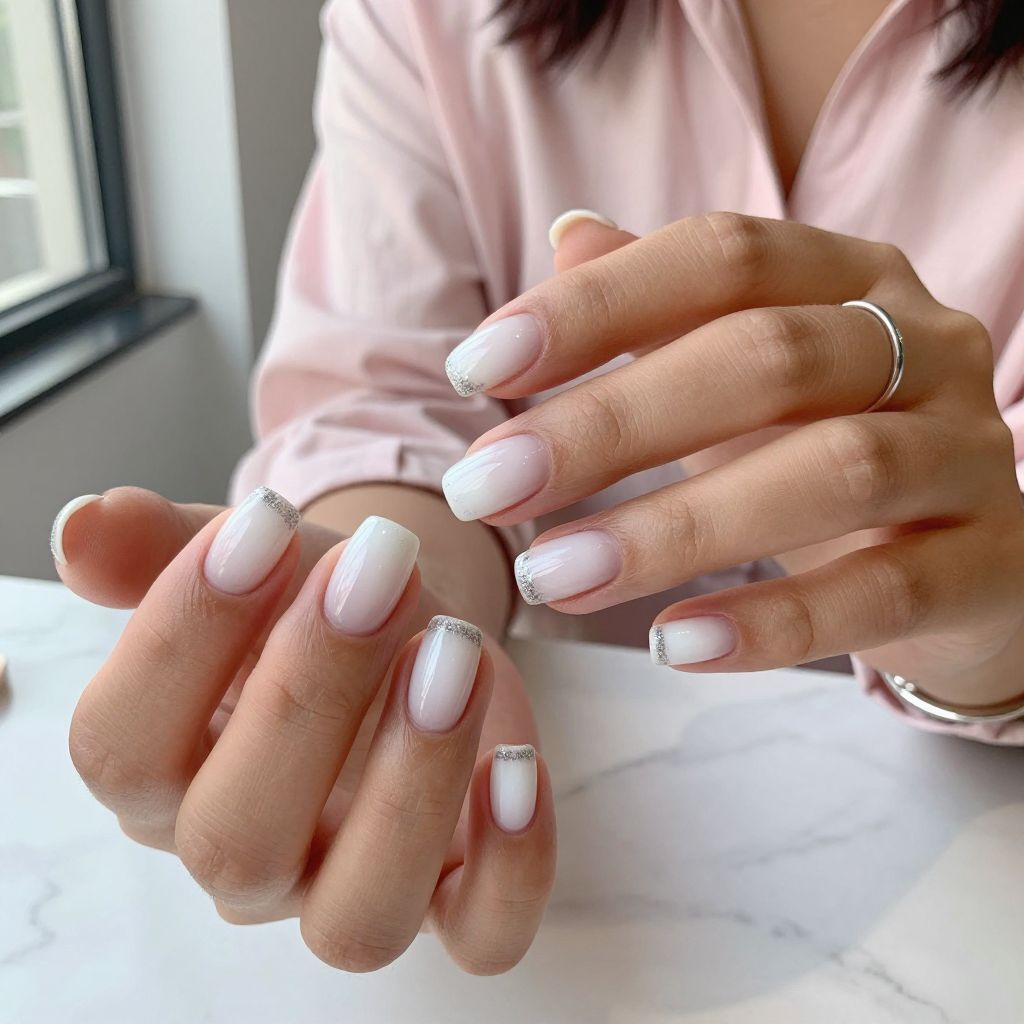 Sheer White Ombre with Silver Glitter Tips