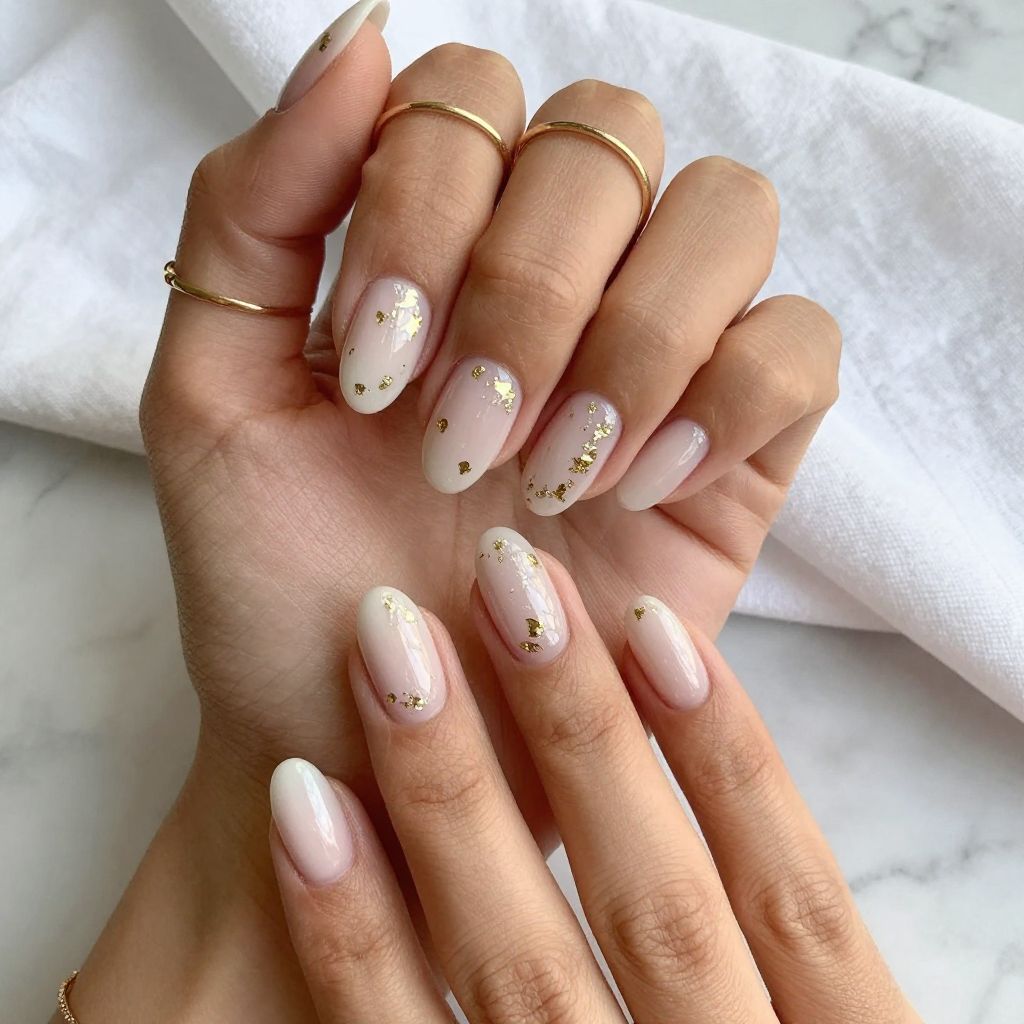 Soft White Jelly Nails with Gold Foil Flakes
