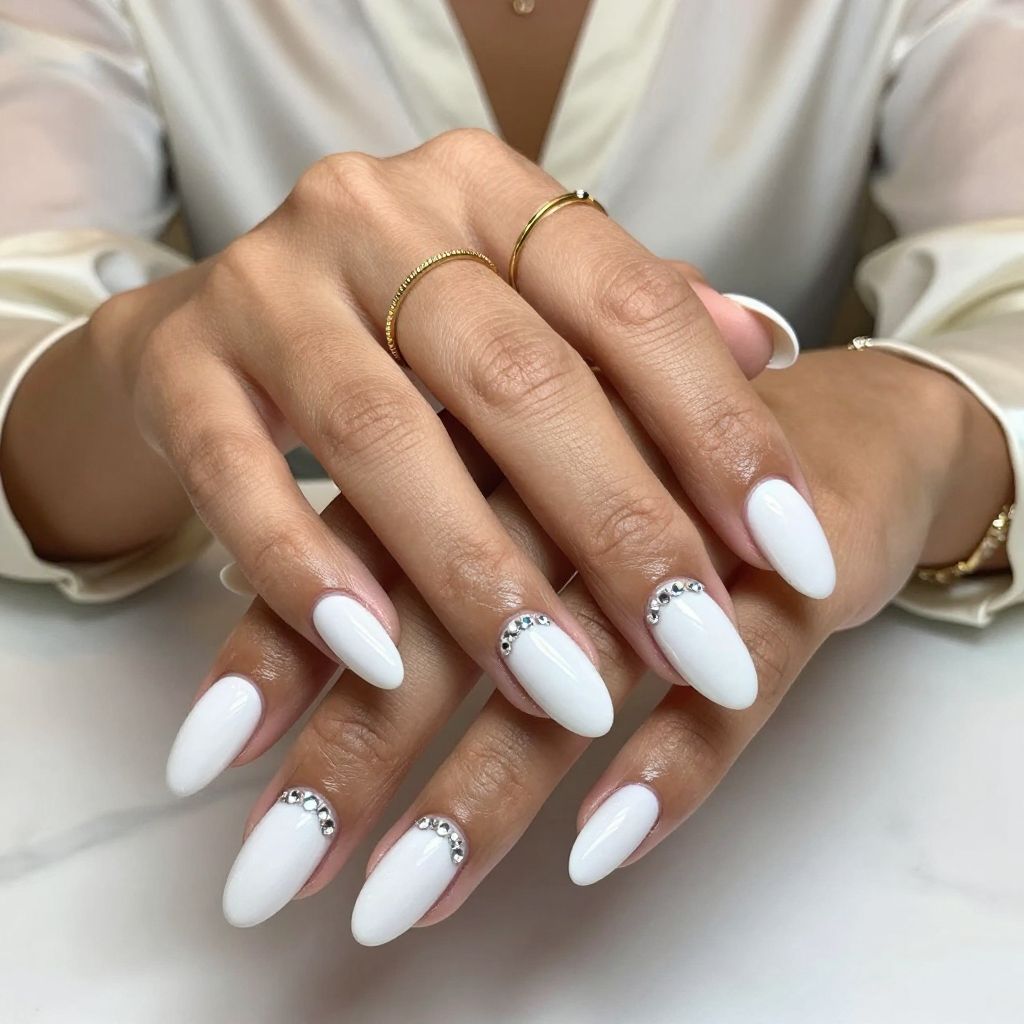 Glossy White Almond Nails with Tiny Swarovski Crystals