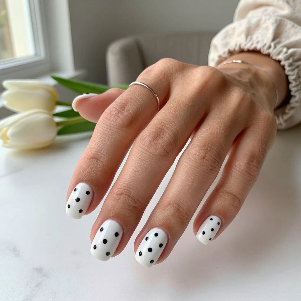 Crisp White Oval Nails with Black Polka Dots