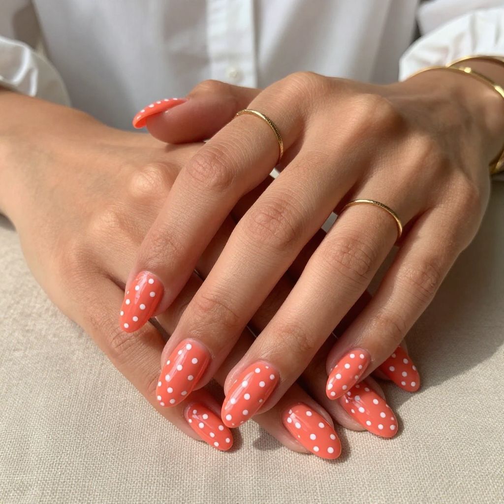 Bright Coral with White Polka Dots