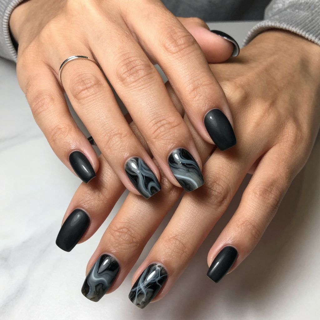 Black Coffin Nails with Smoky Marble Design