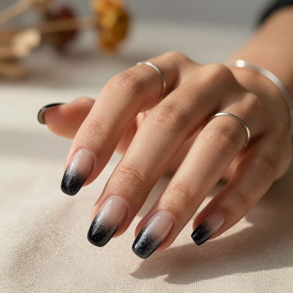 Sheer Black Coffin Nails with Glitter Gradient