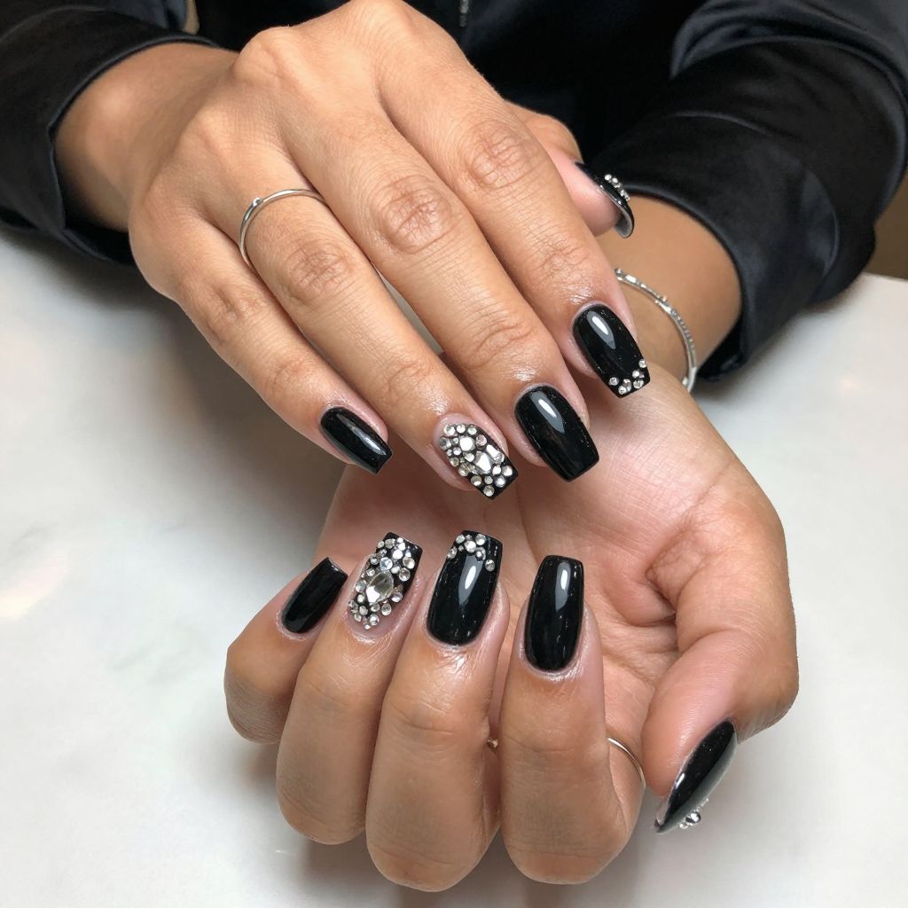 Classic Black Coffin Nails with Crystal Studs