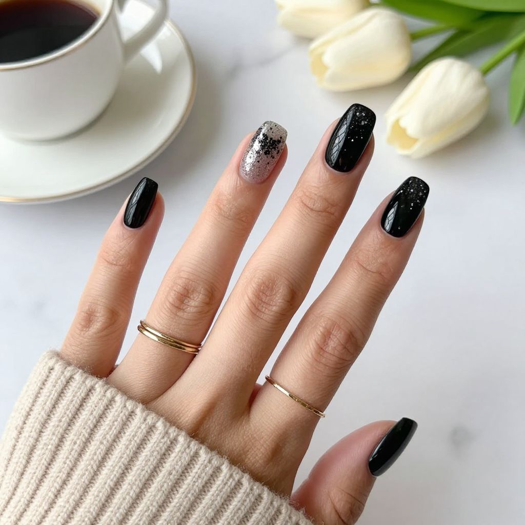 Black Coffin Nails with Sheer Glitter Overlay