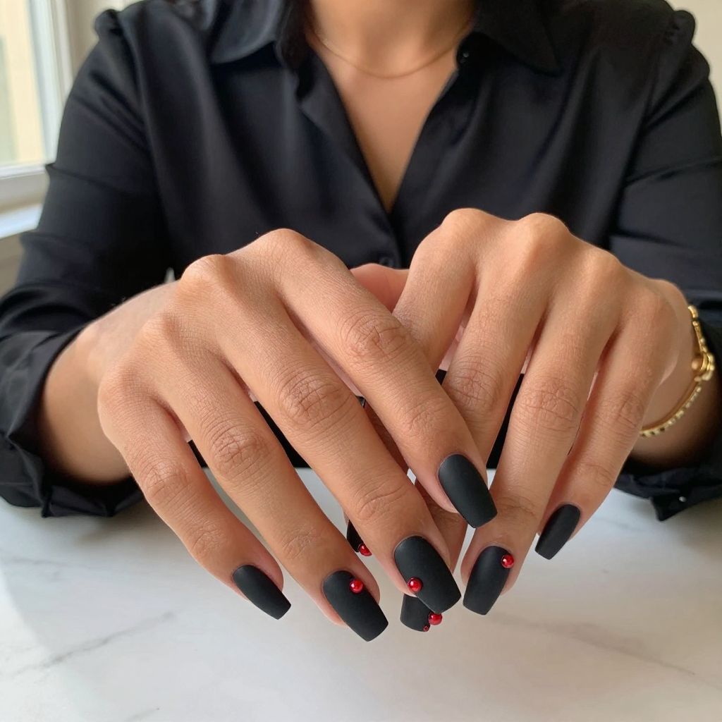 Black Coffin Nails with Red Accent Pearls