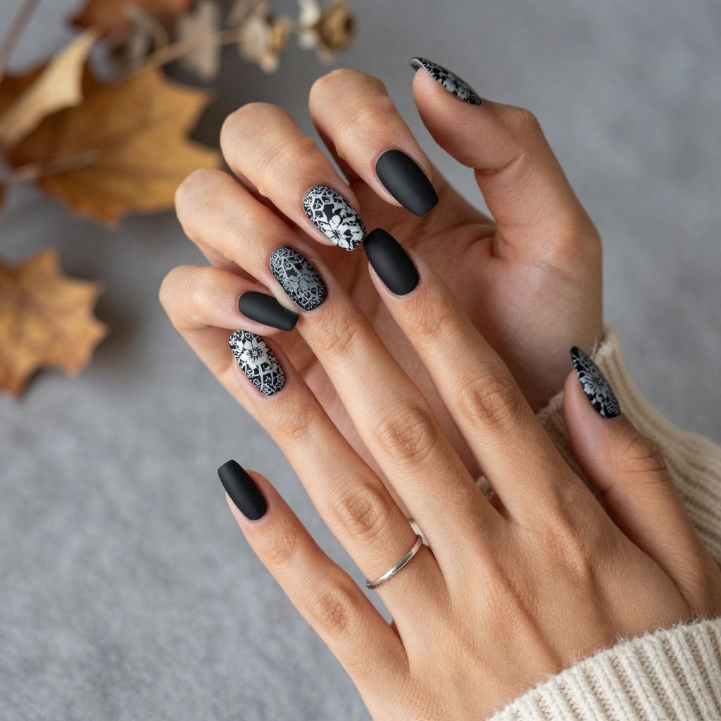 Black Coffin Nails with Matted Lace Detailing