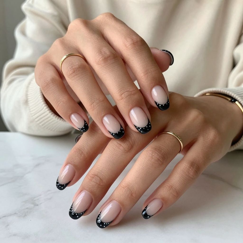Glossy Black Tips with Delicate White Dots