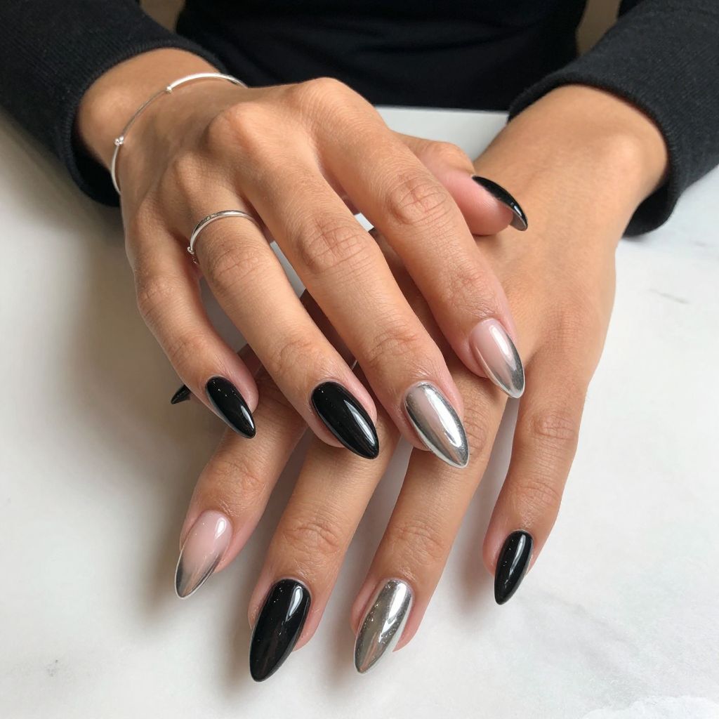Solid Black Base with Metallic French Tips