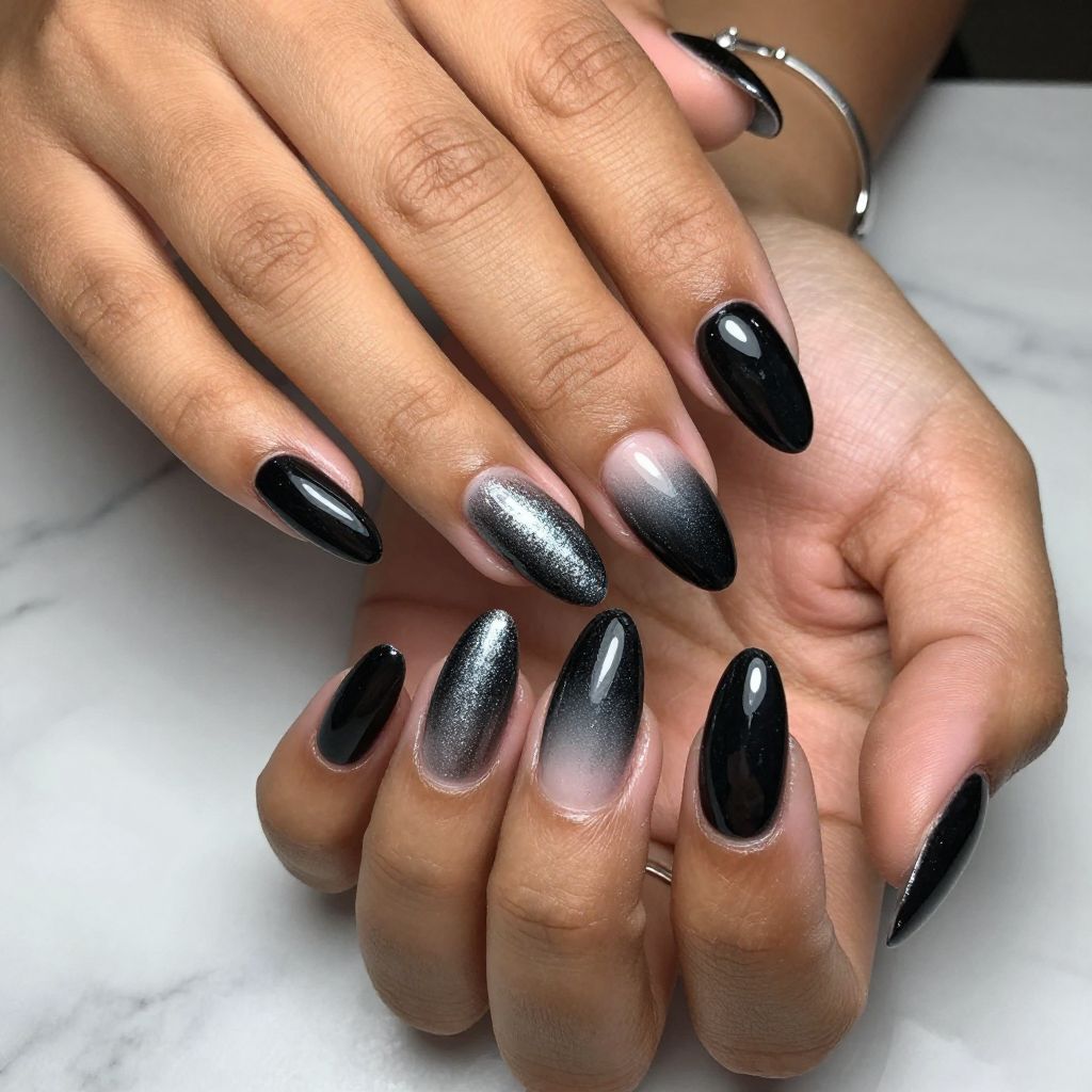 Black Ombre Tips with Metallic Glitter Fade