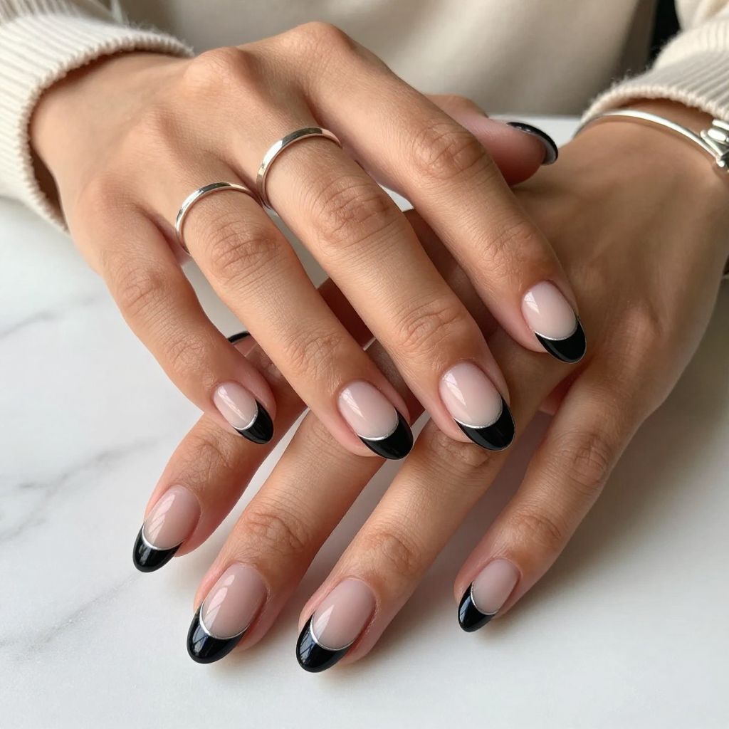 Black French Tips with Thin Silver Line